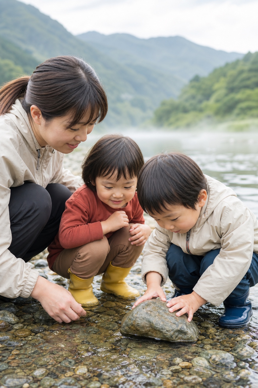 川辺で見つけたものを囲み、子どもの目線で一緒に確かめる保育者