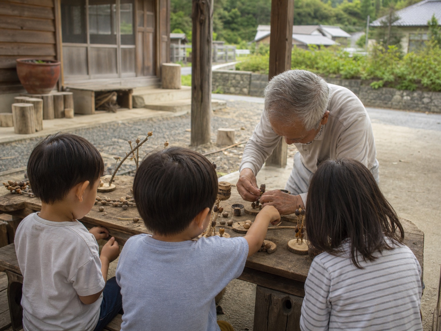 木の実や木片を囲み、地域の人の手仕事を子どもたちが見る場面