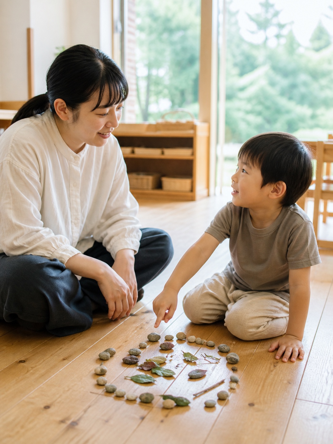 子どもの発見を目線を合わせて聞く保育者